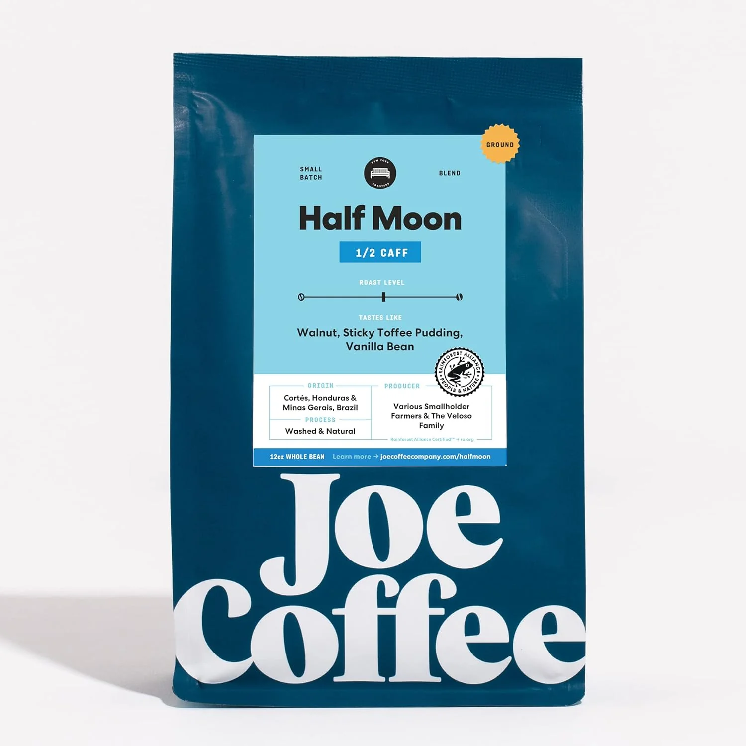 Green Joe Coffee Company NYC Roaster Half Moon Half Caffeinated Ground Specialty Coffee 12 oz Bag Rainforest Alliance Kosher Safe
