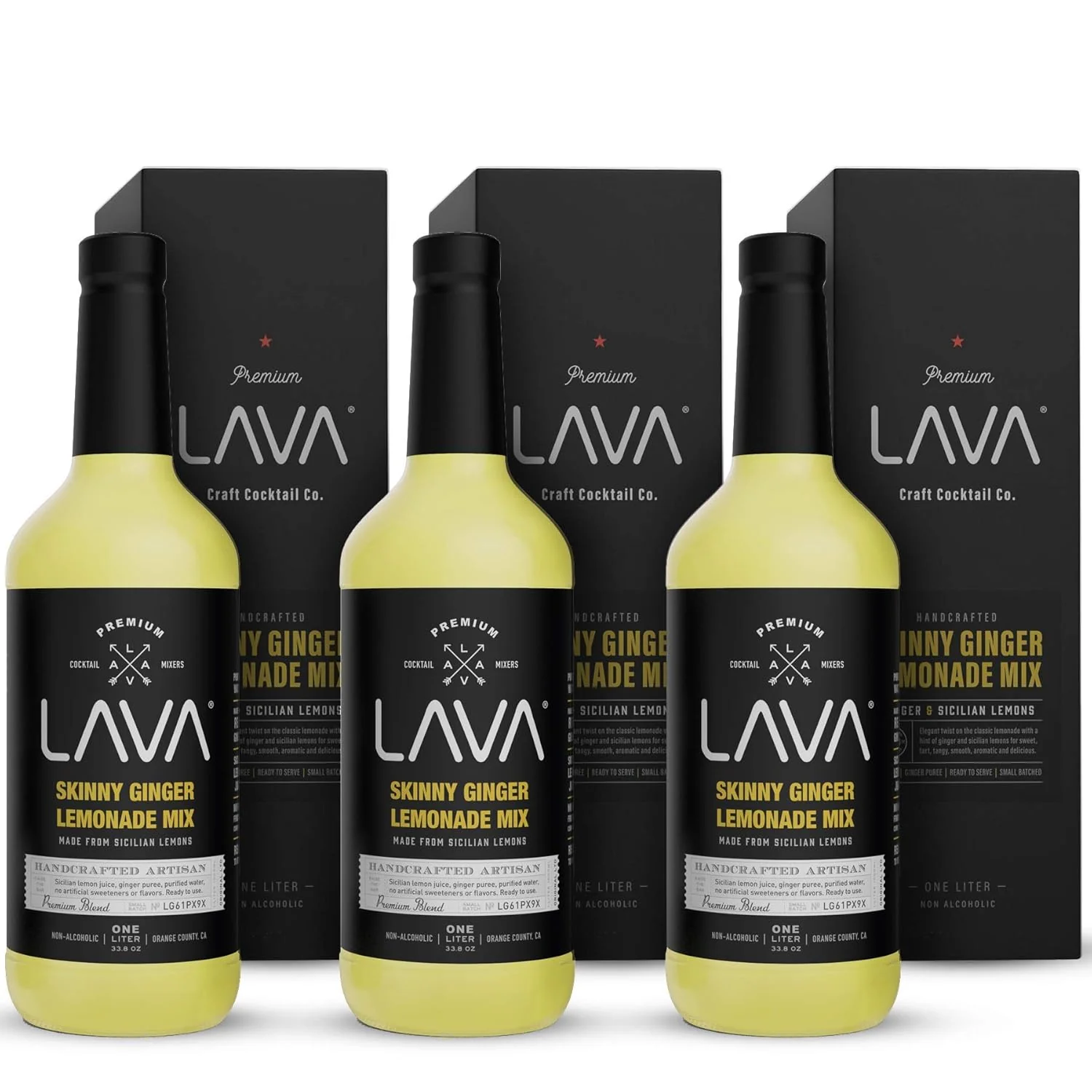 Flexible 3 Pack Lava Premium Skinny Ginger Lemonade Vodka Cocktail Mix made with Sicilian Lemon Juice Candied Ginger Puree – 33.8oz Bottles Enhanced