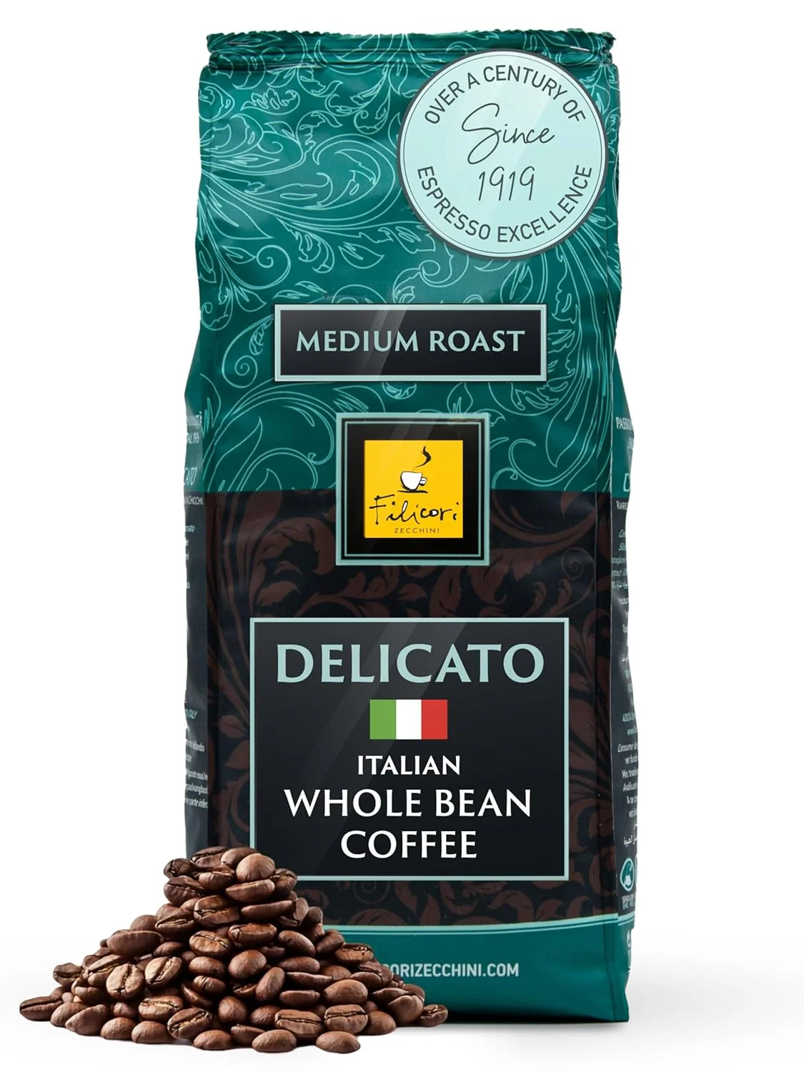 Optimized Filicori Zecchini Italian Espresso Beans – Whole Bean Coffee Medium Roast Arabica Robusta Blend – Low Acidity Slow Roasted – Delicato 2.2lb Bag Powerful