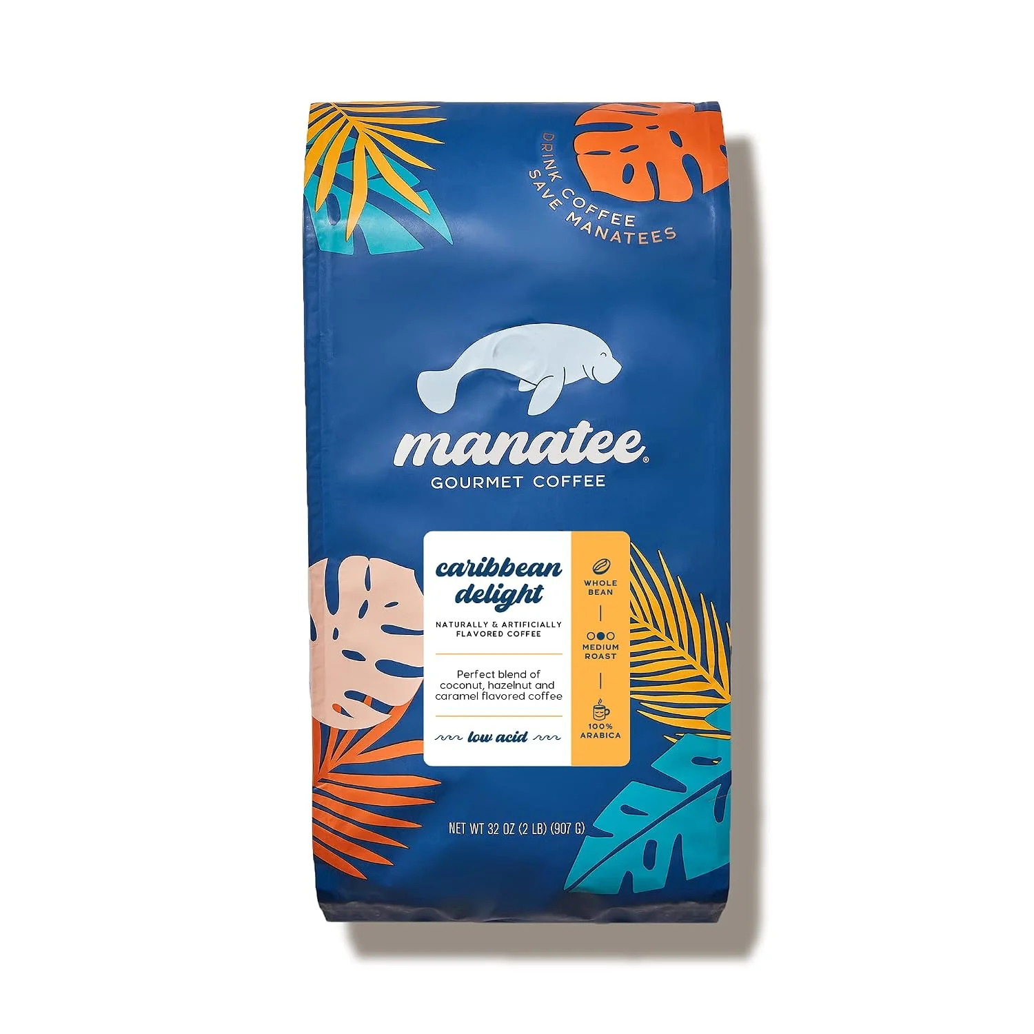 Elite Manatee Gourmet Whole Bean Coffee Medium Roast Caribbean Delight 2 lb 2 Pound Bag Vegan Allergen Non-GMO Kosher Vegetarian Small Batch Roasted Reusable