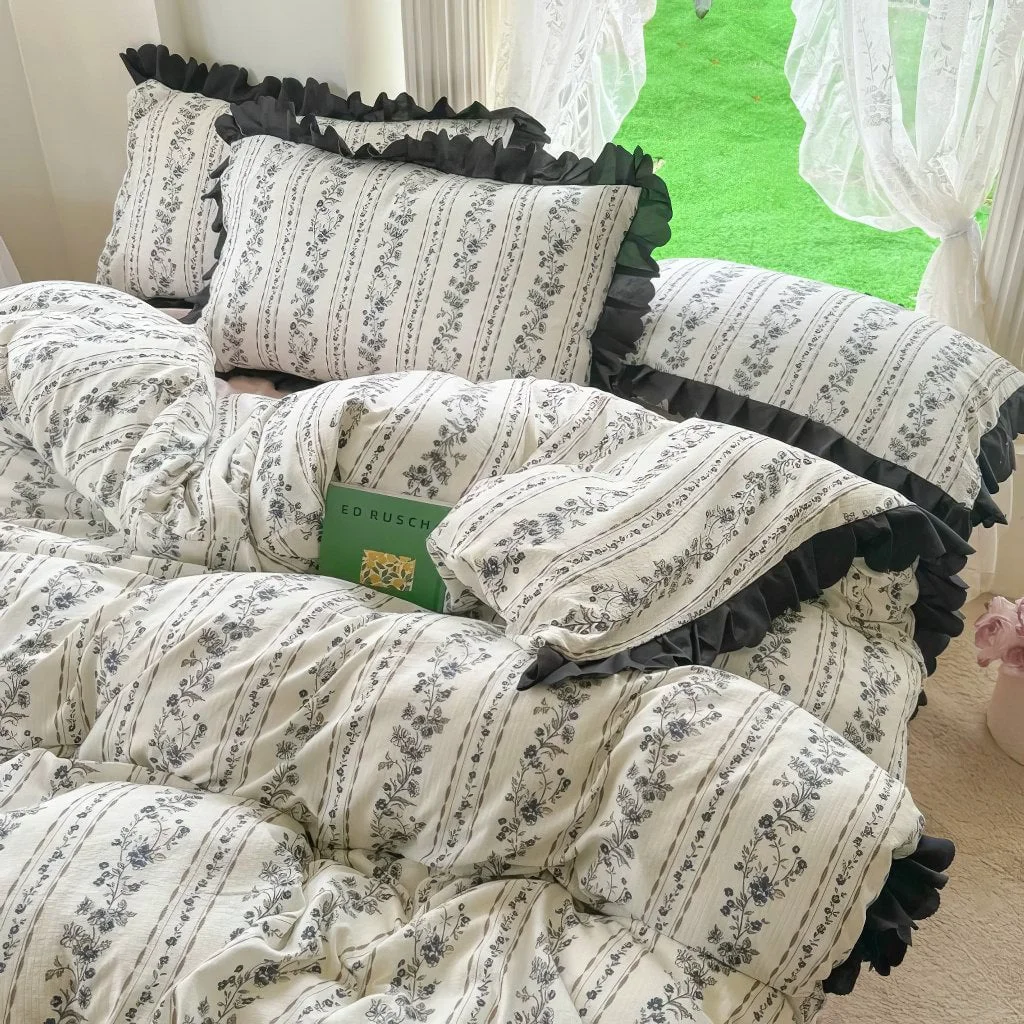 Casual Black Ruffles Floral Print Coquette Bedding Set Superior