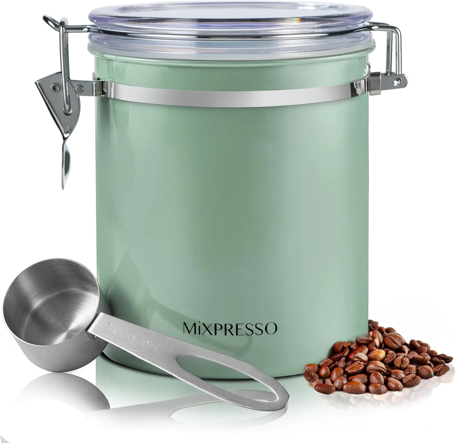 High-End Mixpresso Green Coffee Canister 16oz Airtight Stainless Steel Kitchen Food Storage Container with Clear Lid and Spoon. for Grounds Coffee Beans Refined