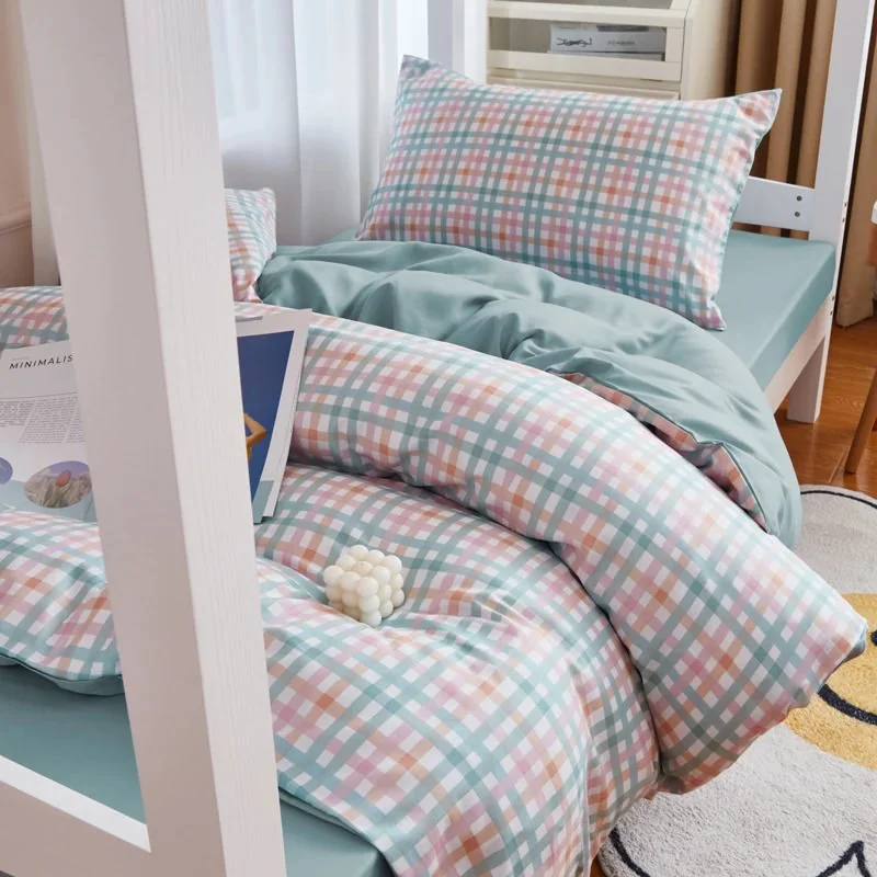 Breathable Pastel Blue Plaid Dorm Bedding Set Specialty