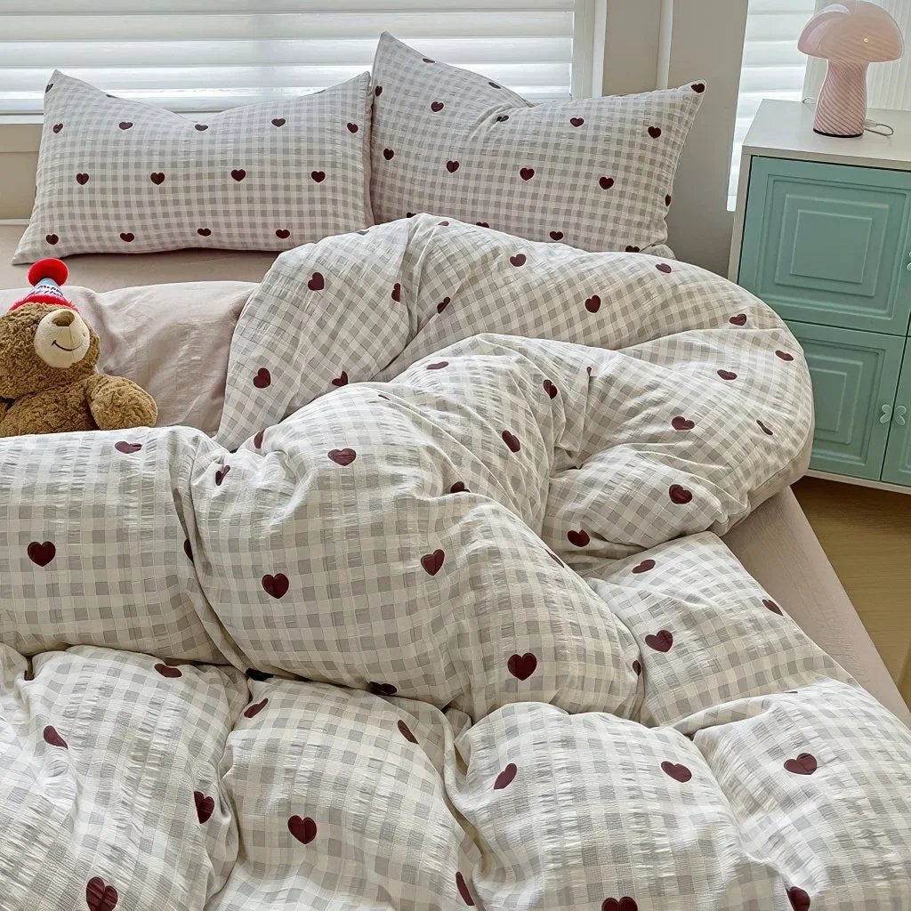 Refined Red Hearts Gingham Pattern Bedding Set Fashionable