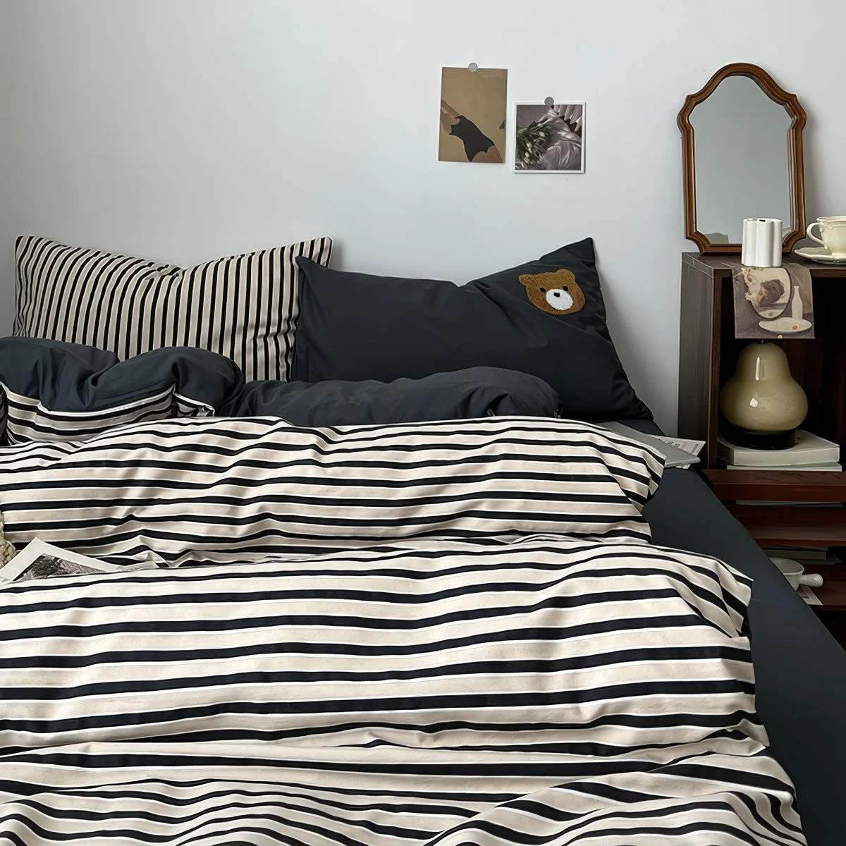 High-Performance Navy Cream Striped Bedding Set Soft