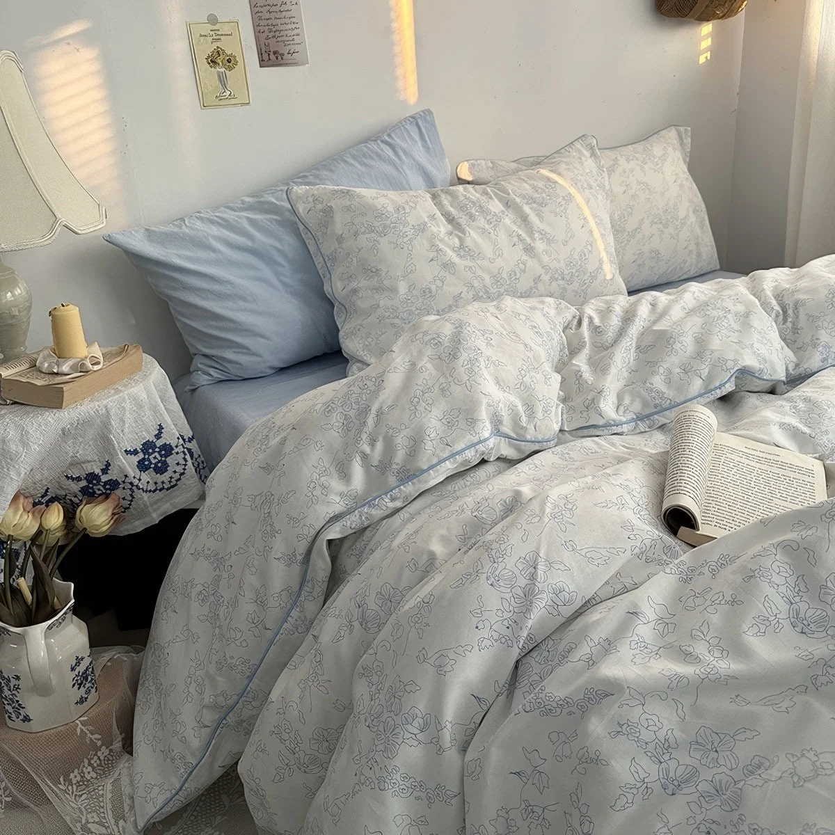 Comfortable Blue Floral Line Art Bedding Duvet Cover Set Safe