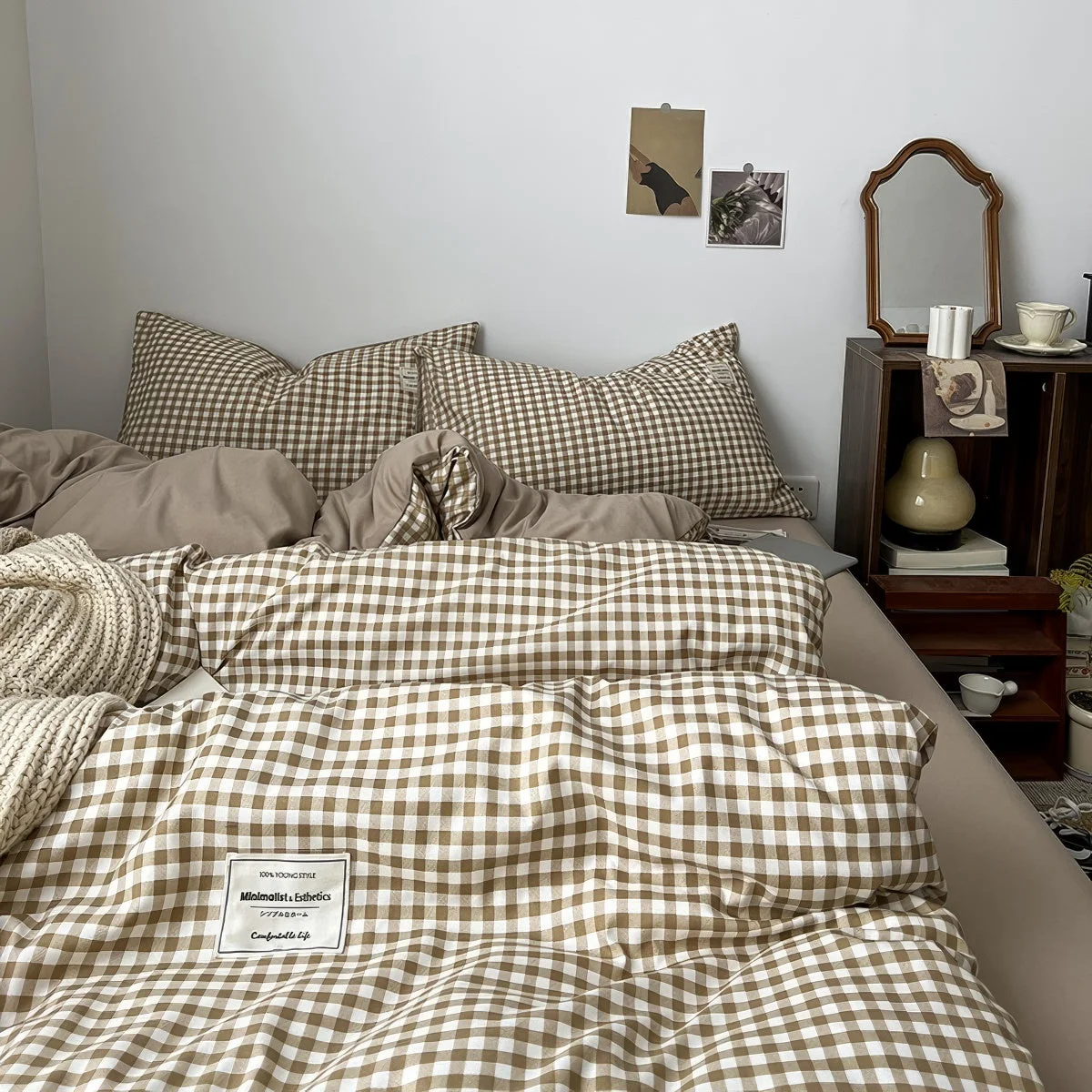 Safe Light Brown Gingham Bedding Set Healthy