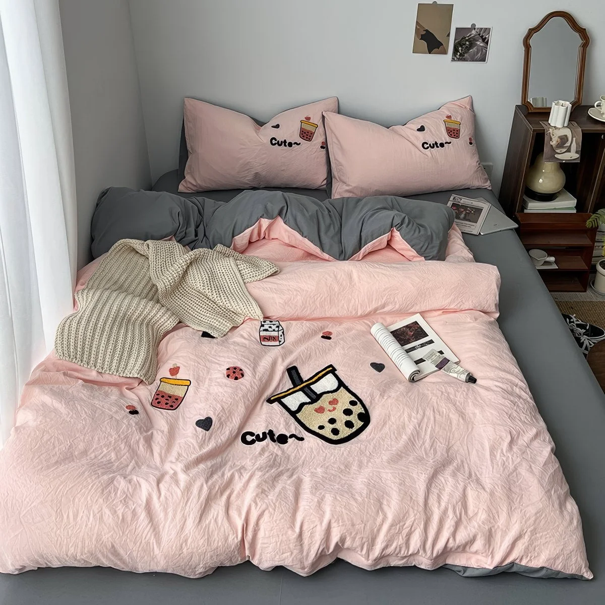Innovative Cute Embroidered Bubble Tea Bedding Set Fine Crafted