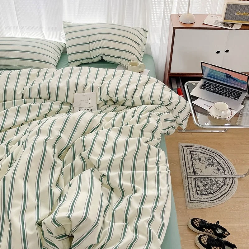 High-Grade Minimalist Green Striped Sage Bedding Set Convenient