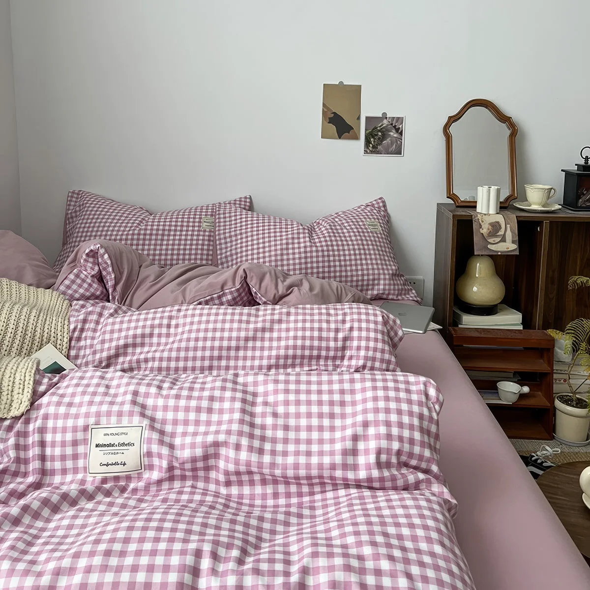 Efficient Dusty Purple Gingham Bedding Set Detailed