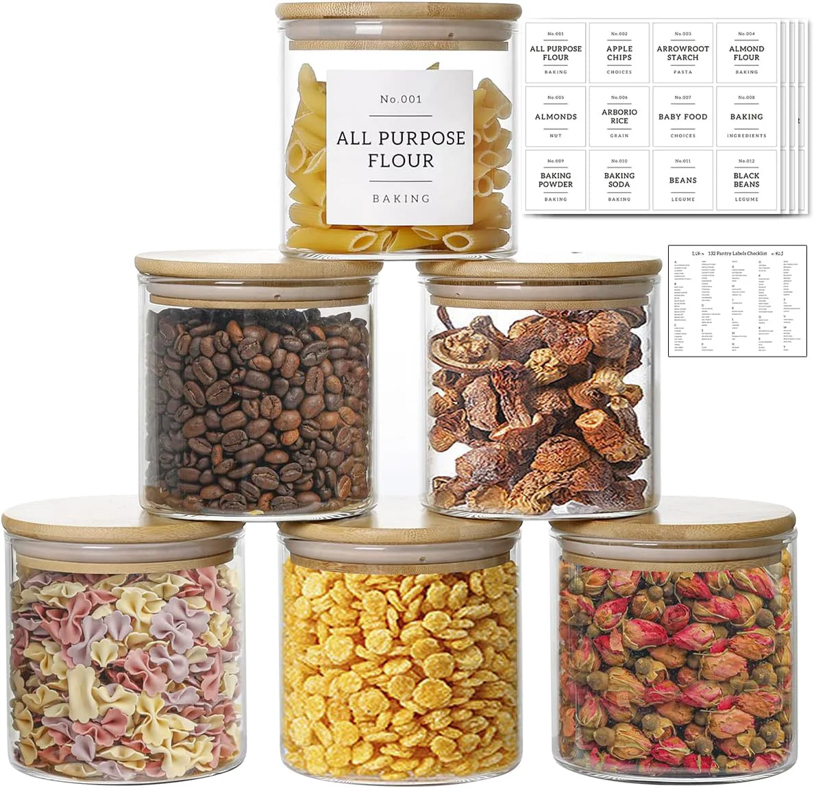 High-Performance 20 OZ Glass Food Storage Jars with 132 Pantry Labels Preprinted – 6 Pcs Thicken Glass Storage Containers with Airtight Bamboo Lid Smooth