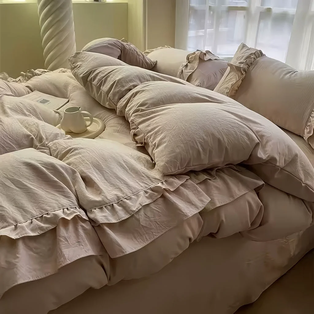 Lightweight Ruffled Linen-Style Pastel Bedding Set Crafted
