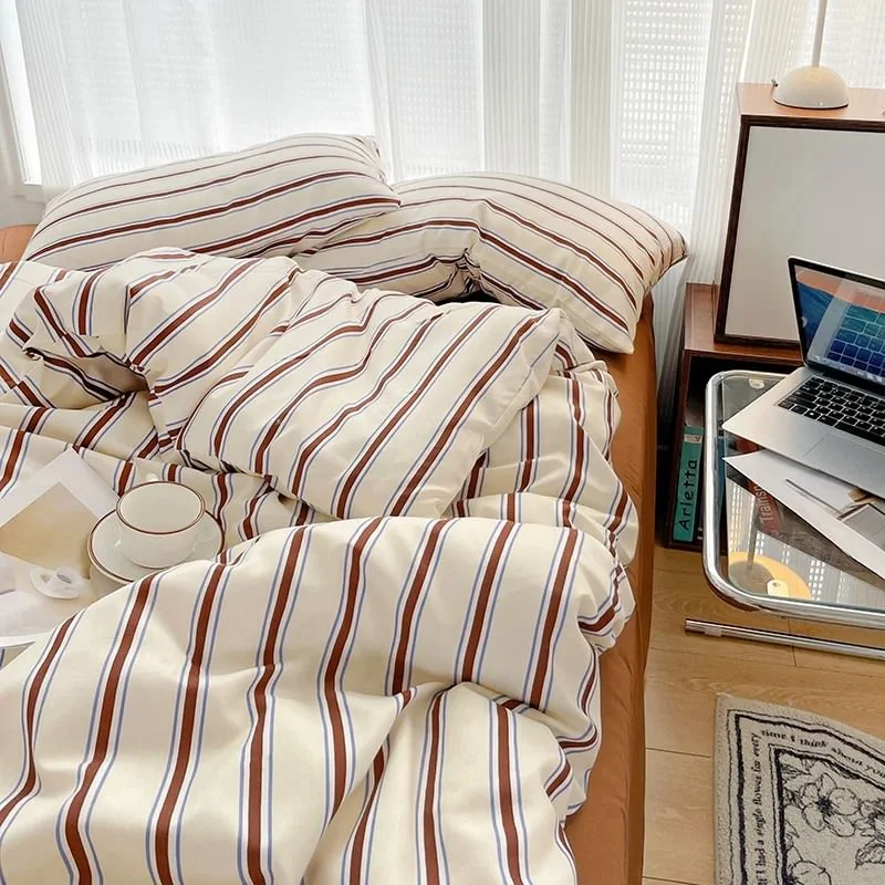 First-Class Brown Striped Minimalist Bedding Set Crafted