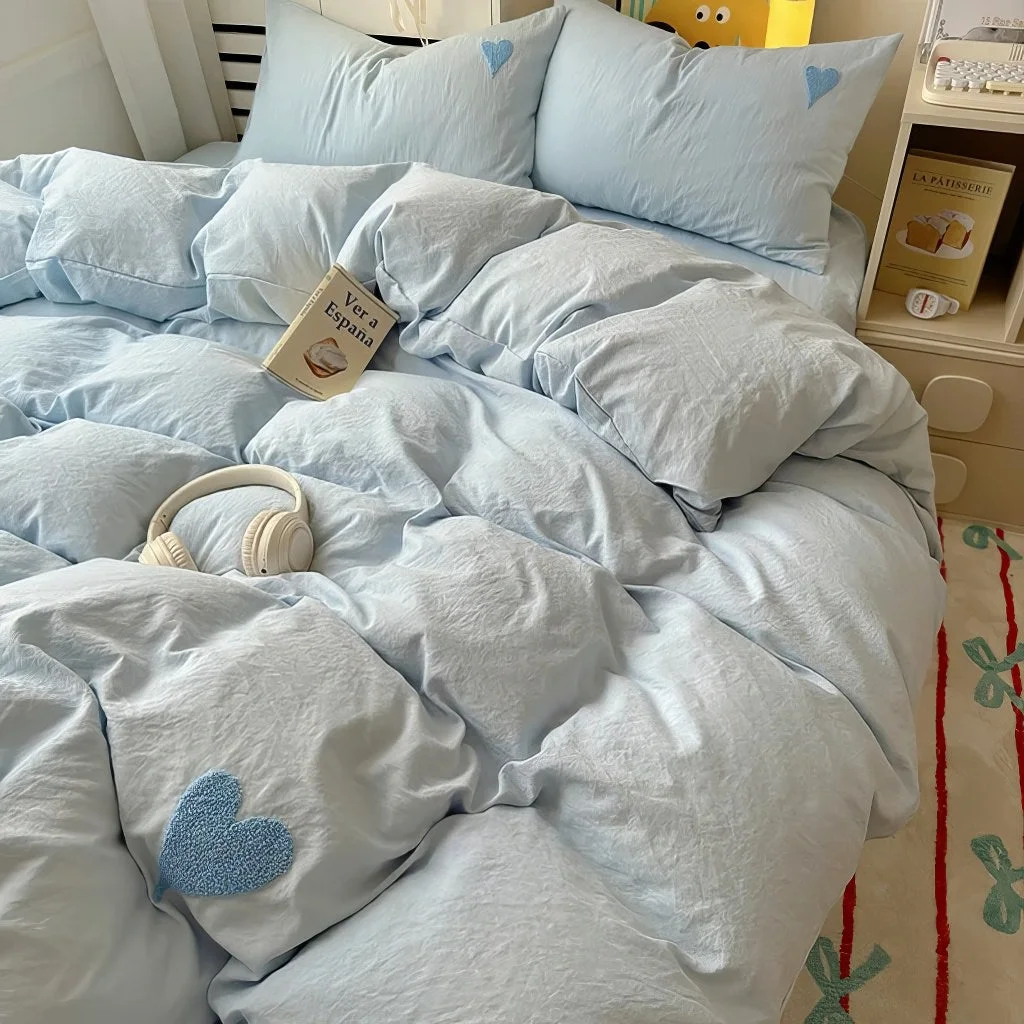 High-End Blue Washed Cotton Bedding Set With Blue Embroidered Heart Elegant