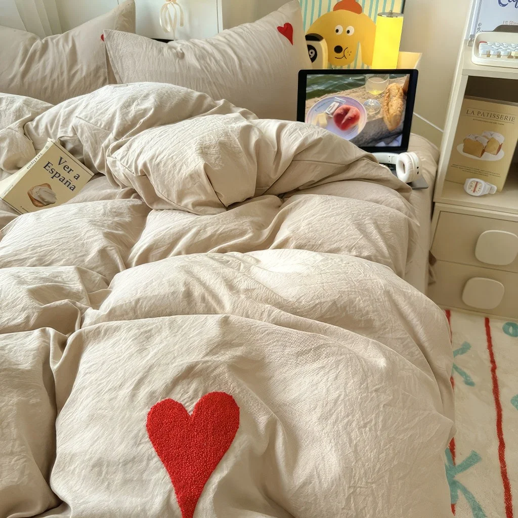 Versatile Beige Washed Cotton Bedding Set With Red Embroidered Heart Selected