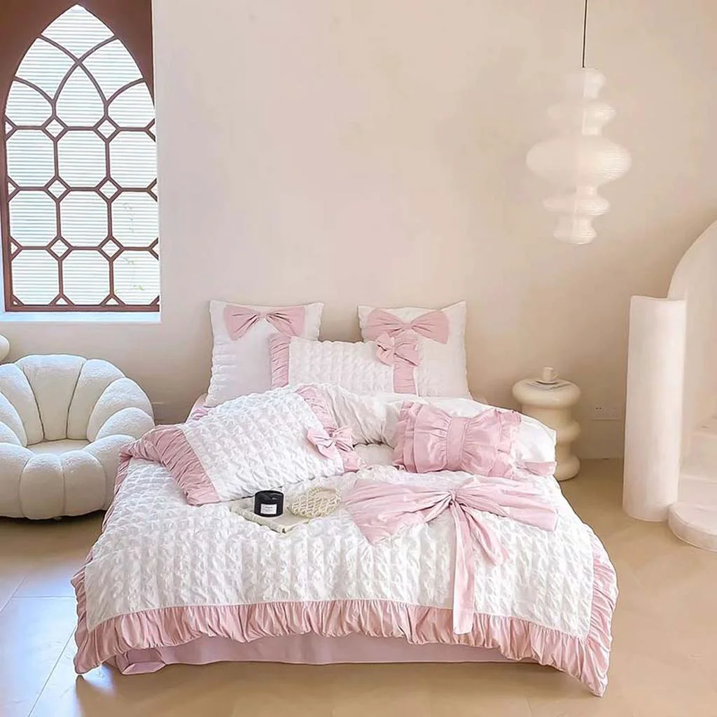 Traditional Pink Ruched Bow Waffle Texture Bedding Set Luxury