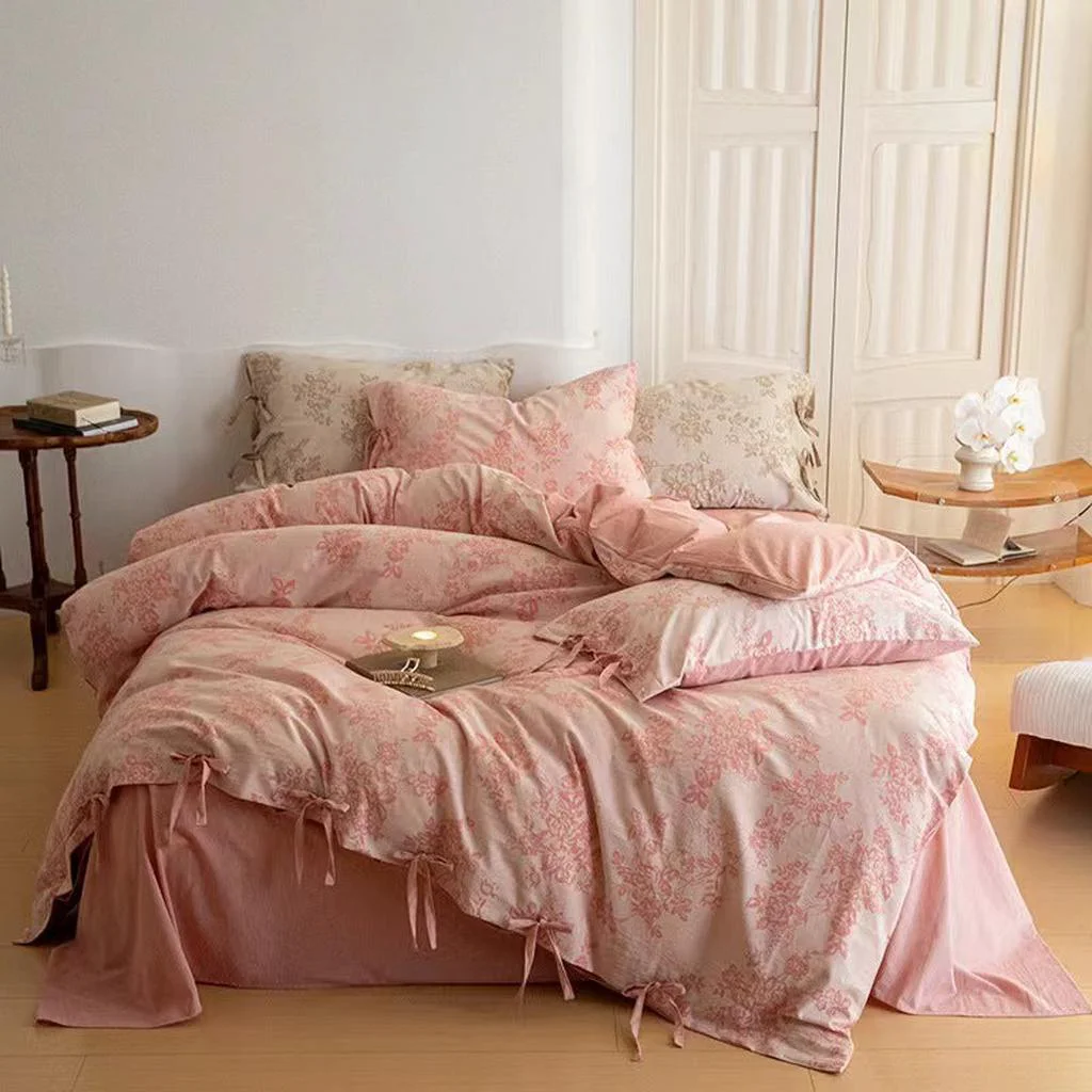 Original Design Floral Jacquard Bedding Set with Bow Tie – Pink Sophisticated