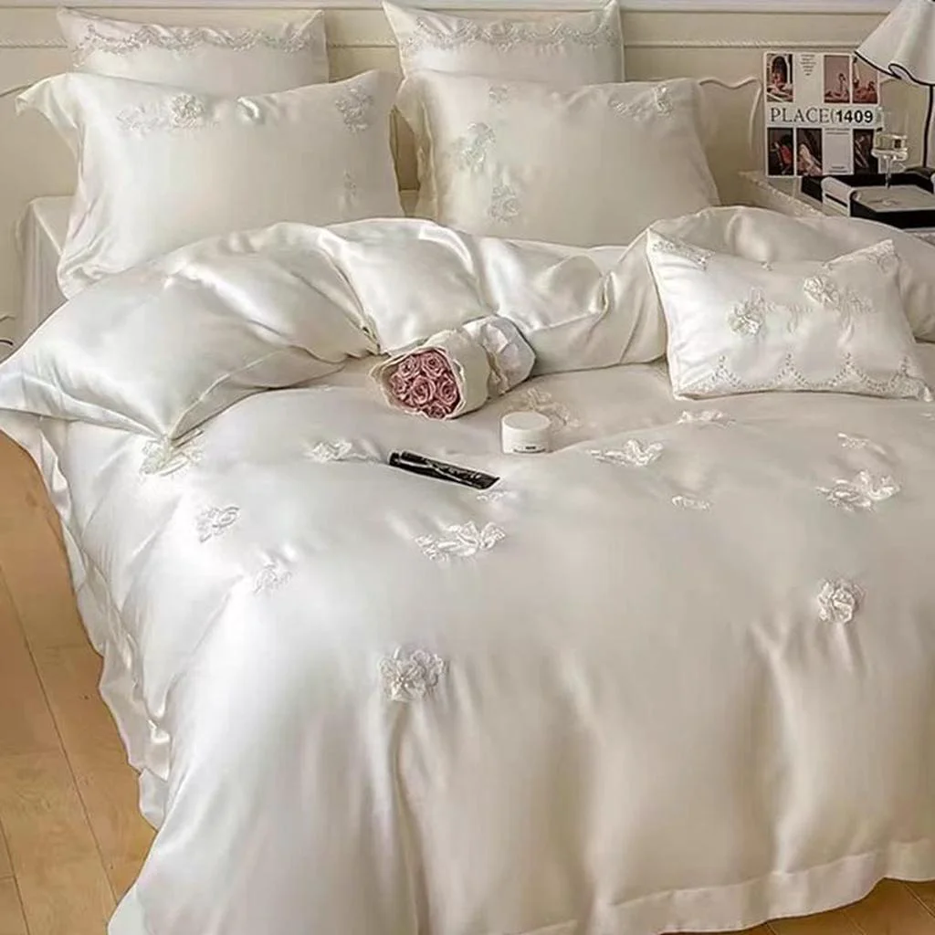User-Friendly 3D Floral Embroidery Tencel Bedding Set Natural