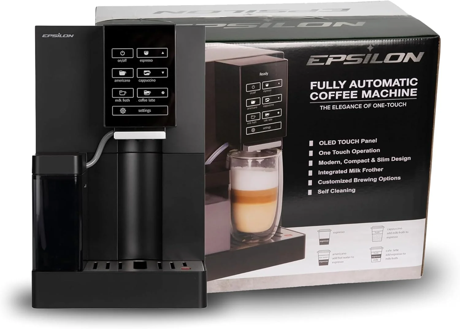 Powerful Epsilon Fully Automatic Coffee Machine with Grinder Coffee Espresso Maker Combo Built-In Milk Frother One Touch Self Cleaning Effective