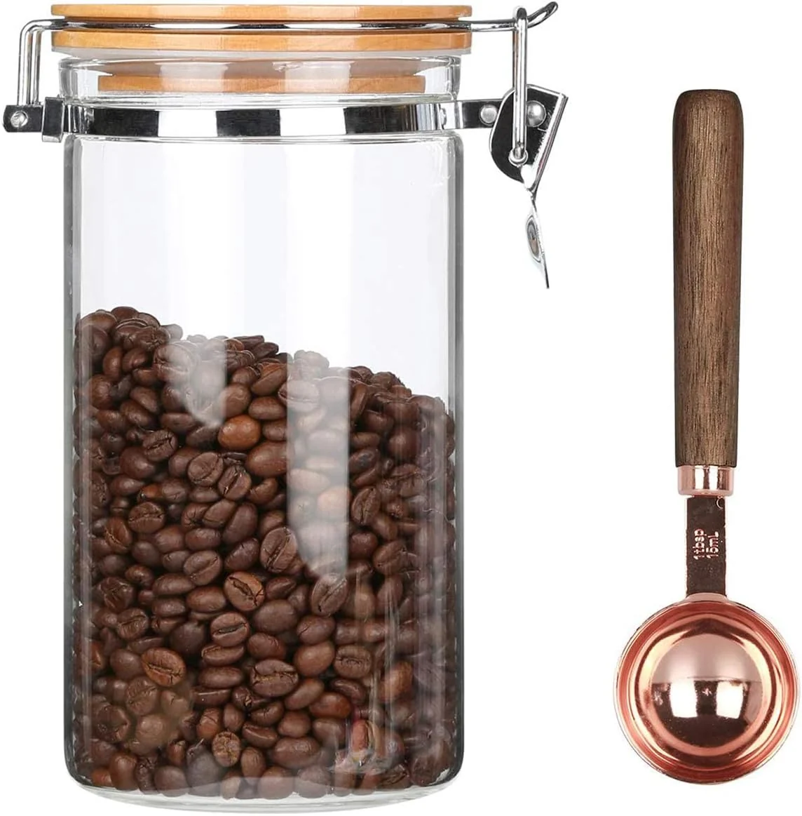 Relaxed KKC HOME ACCENTS 40 oz Glass Coffee Container Holds 1 lb Coffee Beans with Airtight Bamboo Lid and 1 Tbsp Wood Spoon – Clear Coffee Jar Canister for Grounds Storage Aesthetic Kitchen Counter Decor Innovative