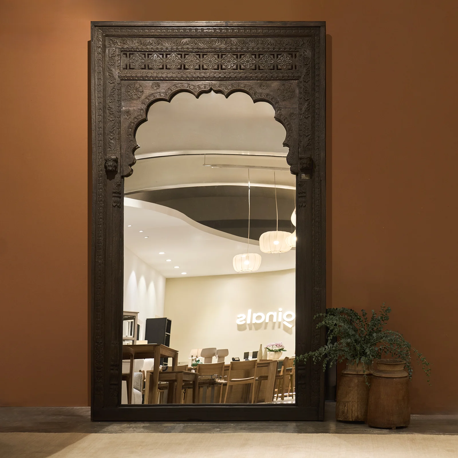 Proven Vintage Teak Carved Mirror with Arch Chocolate High-Performance