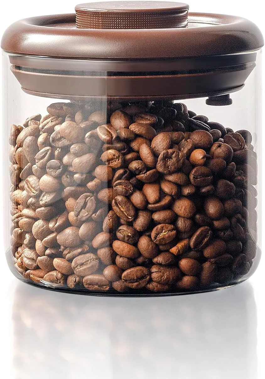 Organic 7 oz Coffee Canister Clear Glass Jar with Airtight Pop Lid and CO₂ Valve Small-Batch Storage for Daily Beans Decaf Espresso Blends and Specialty Roasts Designed for Counters Offices and Kitchens Elite