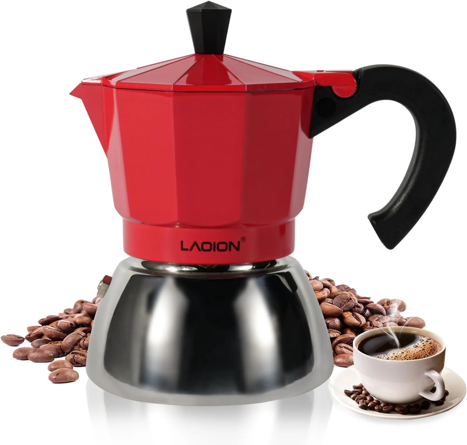 Selected LAOION Stovetop Espresso Maker 3Cup Moka Pot Espresso Machine Compatible with Induction Cooktops 150ml Stainless Steel amp Aluminum Cuban Coffee Maker for Cafetera Cubana Red Original