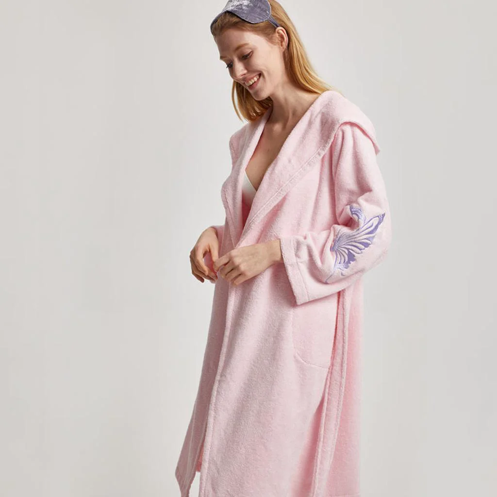 Outstanding Cotton Hooded Bathrobe With Butterfly Embroidery – 3 Colors Powerful