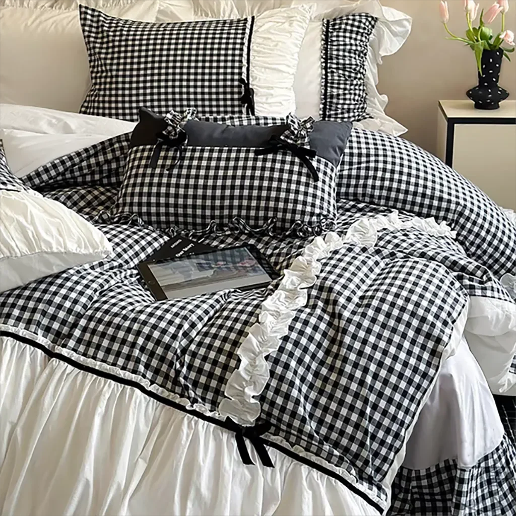 Secure Black Gingham with Bow Ruched Bedding Set User-Friendly