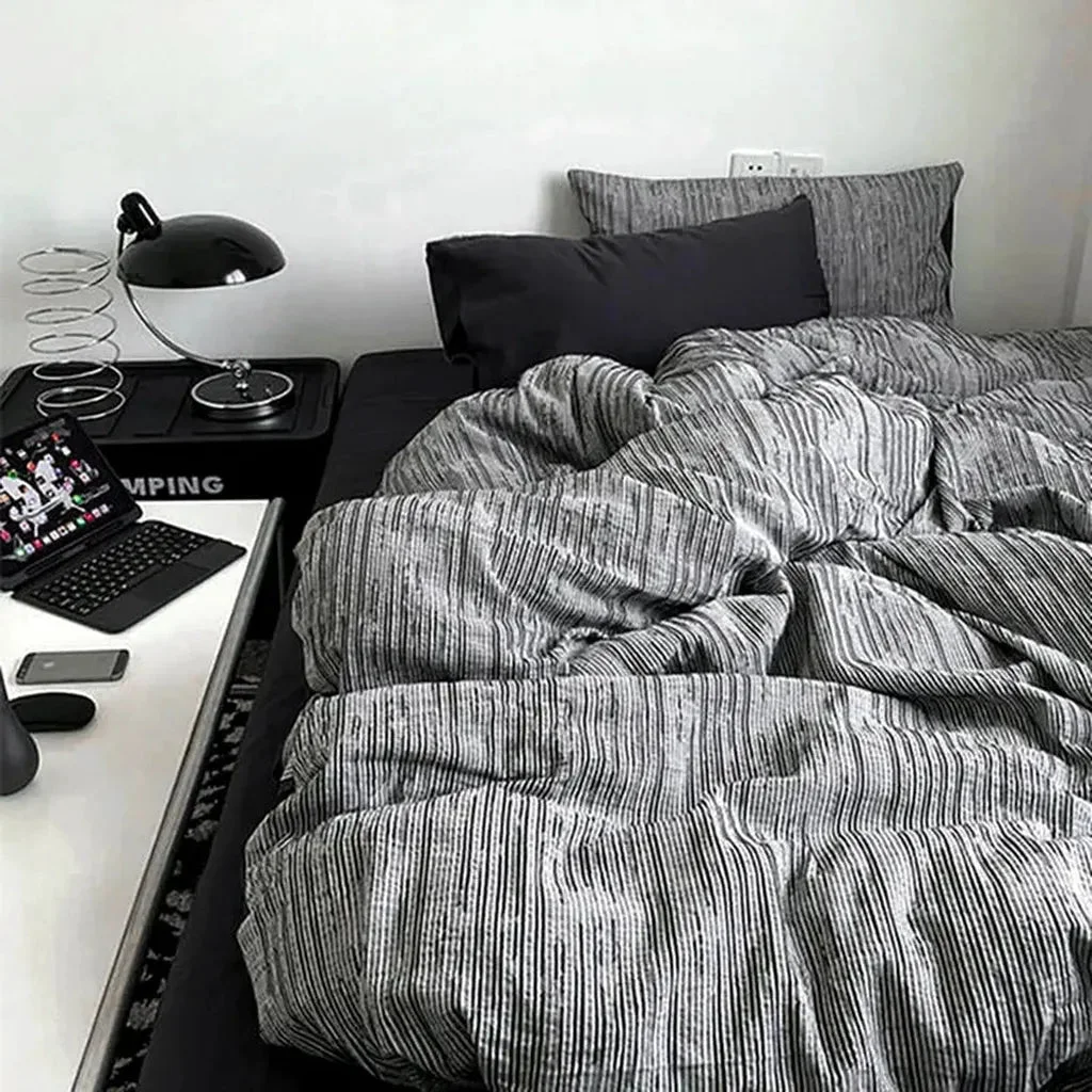 Breathable Reversible Dark Industrial Striped Bedding Set Certified