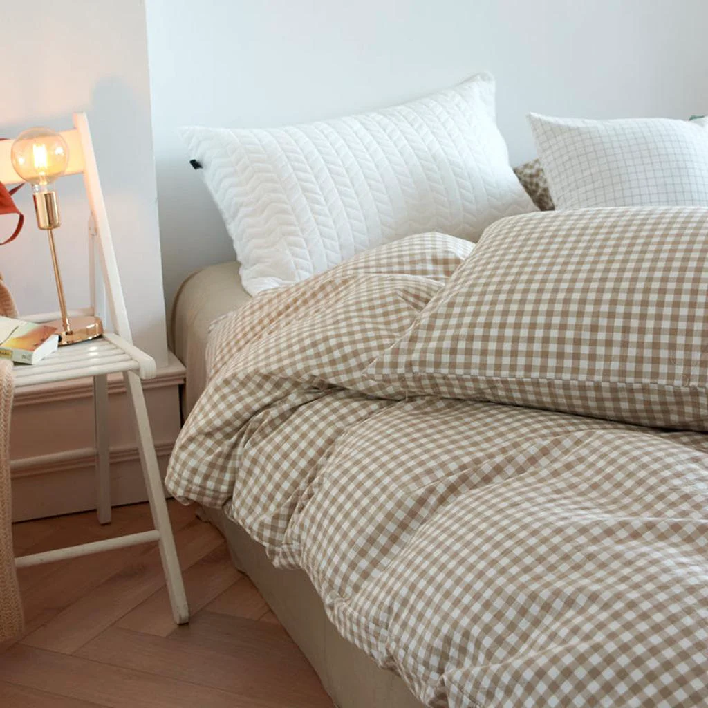 Premium Cotton Small Gingham Duvet Cover – Beige Organic