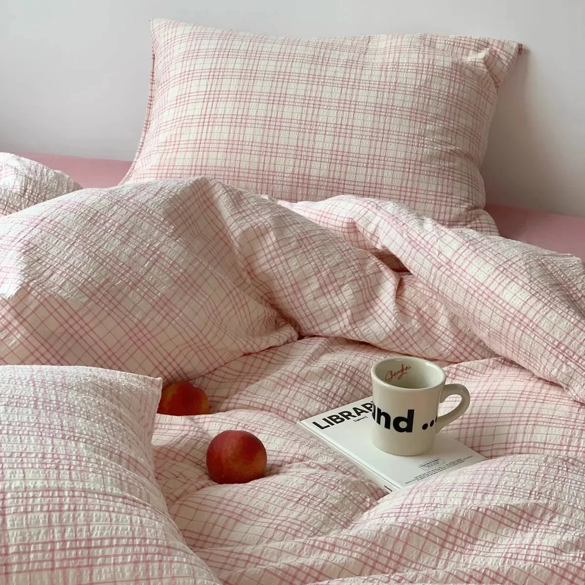 Functional Soft Pink Plaid Cotton Bedding Set Fast