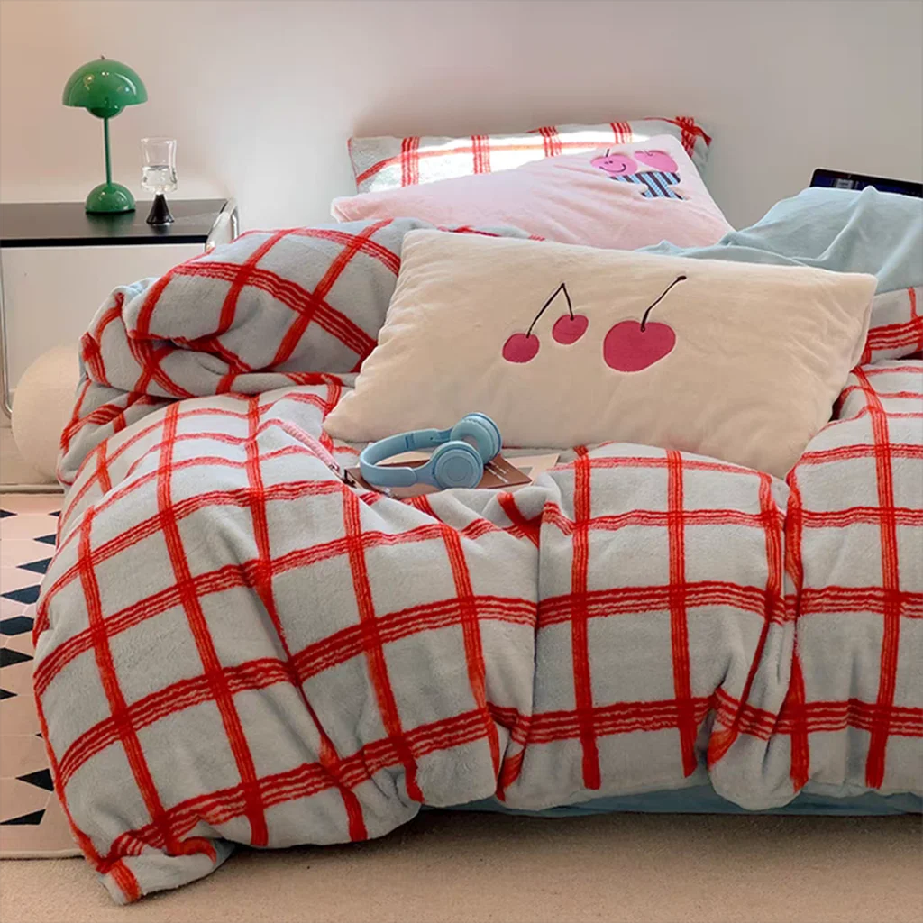 Genuine Girly Cherry Plaid Plush Bedding Set Clean