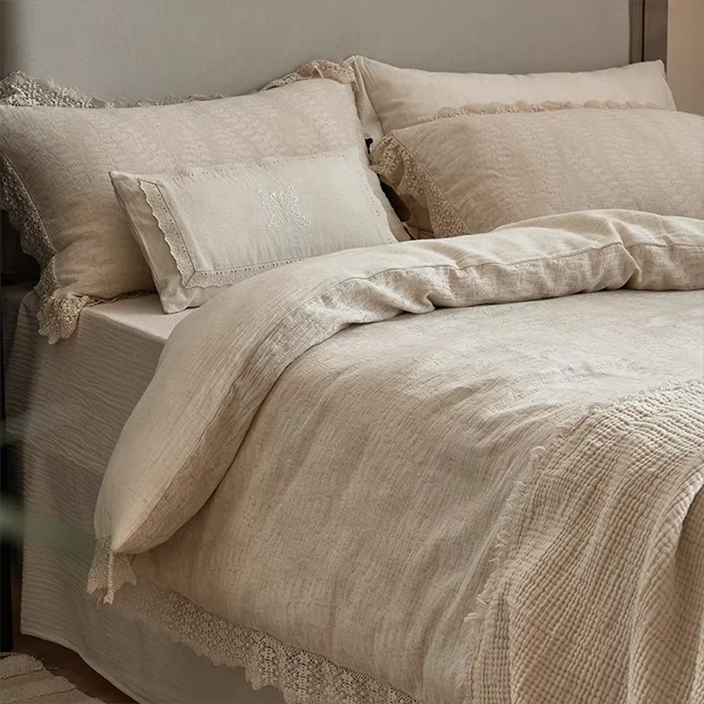 Selected Rustic Linen Cotton Bedding Set with Lace Long-Lasting