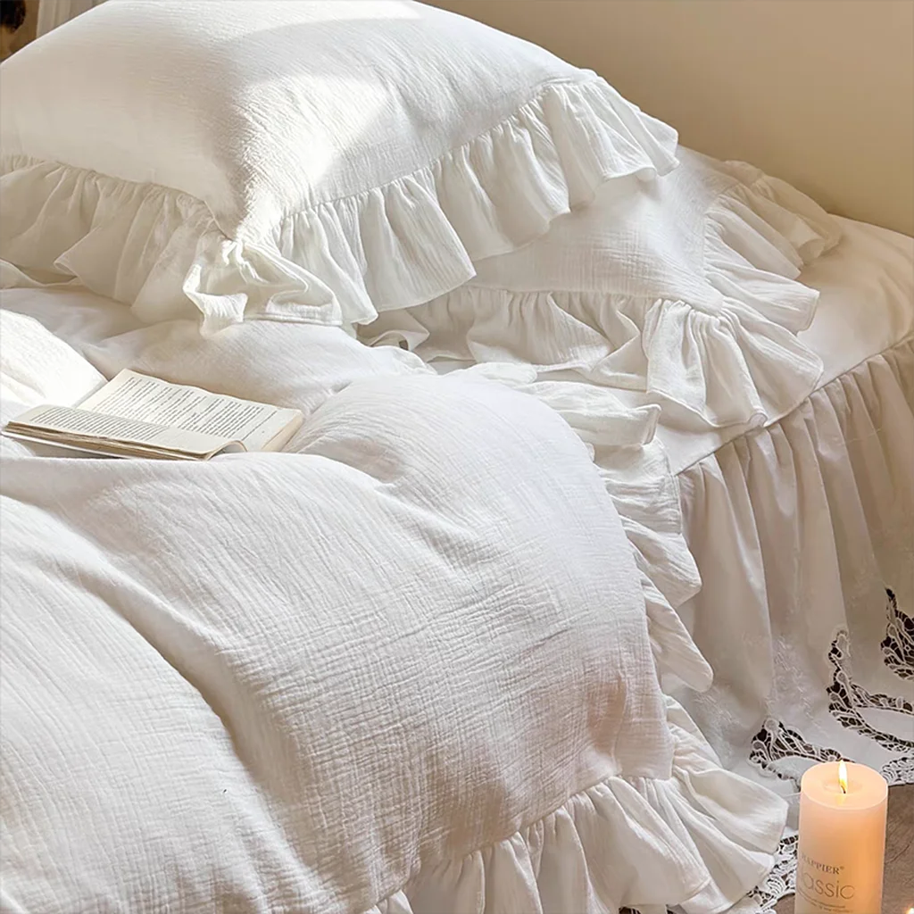 Smooth White French Lace Ruffle Duvet Cover Elite