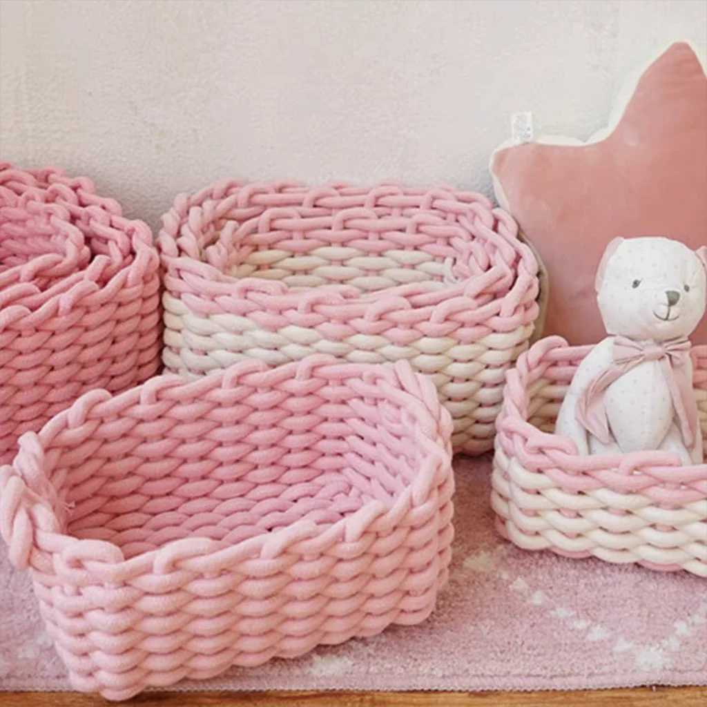 Dependable Pink Handmade Crochet Storage Basket Set of 3 Fashionable