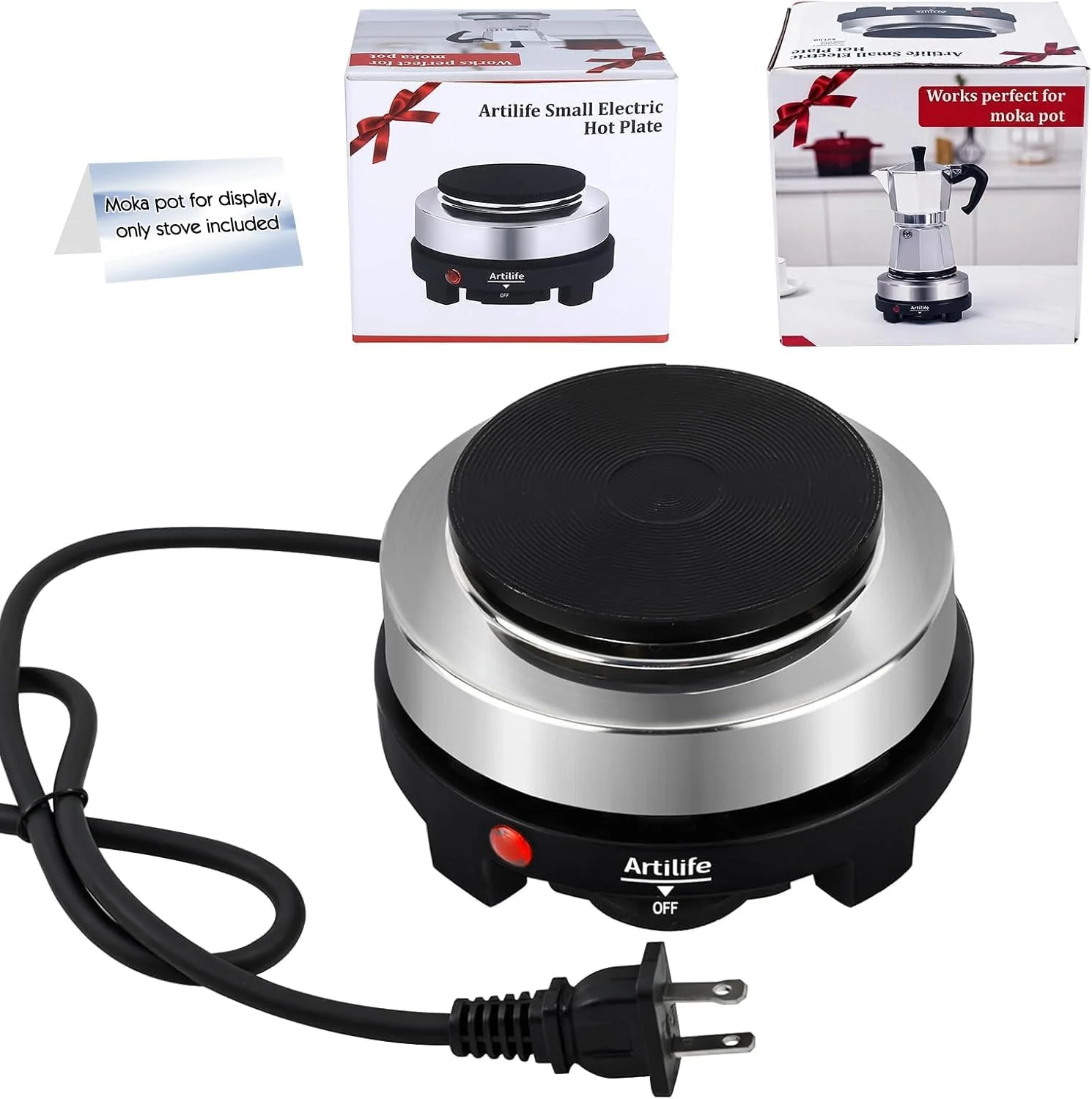 Fine Crafted Artilife 500W Mini Electric Hot Plate – Moka Pot Special 110V Compact RV Camping Stove 4 Cast Iron Burner for Coffee Low Wattage Portable Silver Prestigious