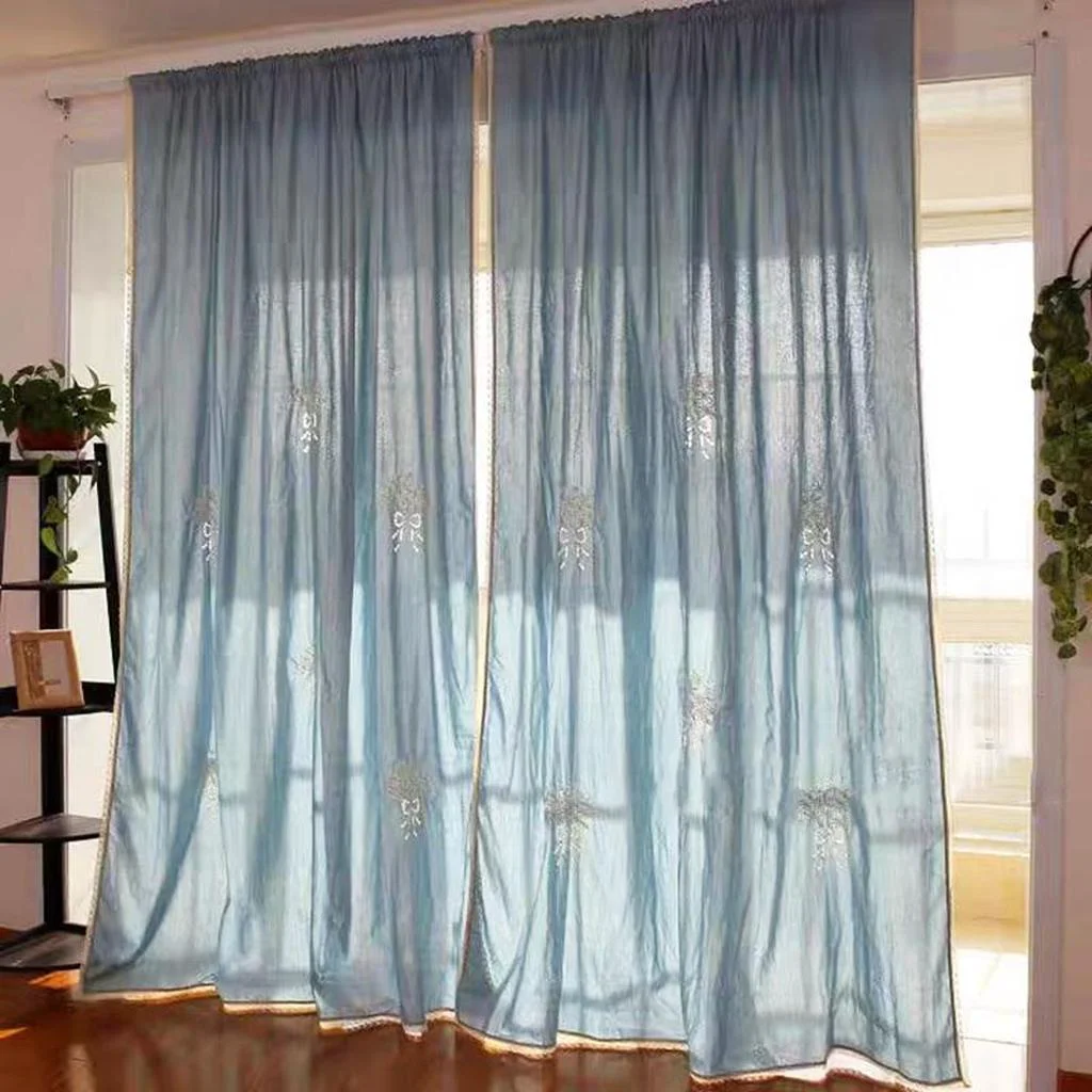 Traditional Blue Bouquet Embroidery Rod Pocket Sheer Curtain High-Grade