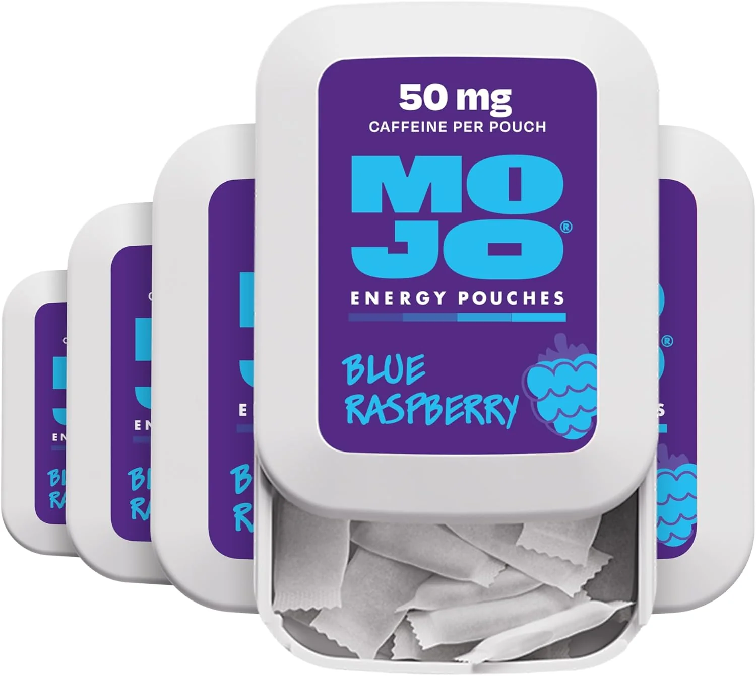 Expertly Made Mojo Energy Pouches Blue Raspberry Flavor 50 mg per Caffeine Pouch 15 Pouches 5-Pack Responsible