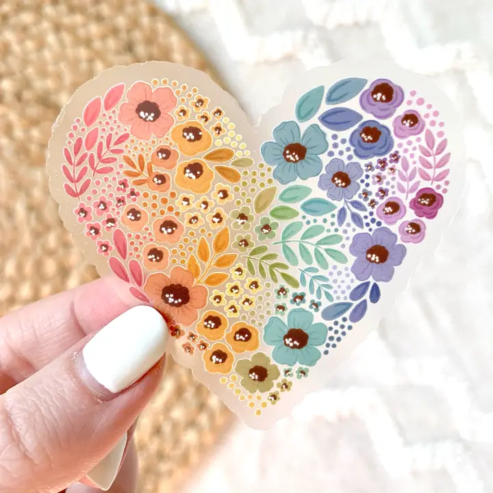 Clean Clear Rainbow Floral Heart Sticker 2.75×3 Safe