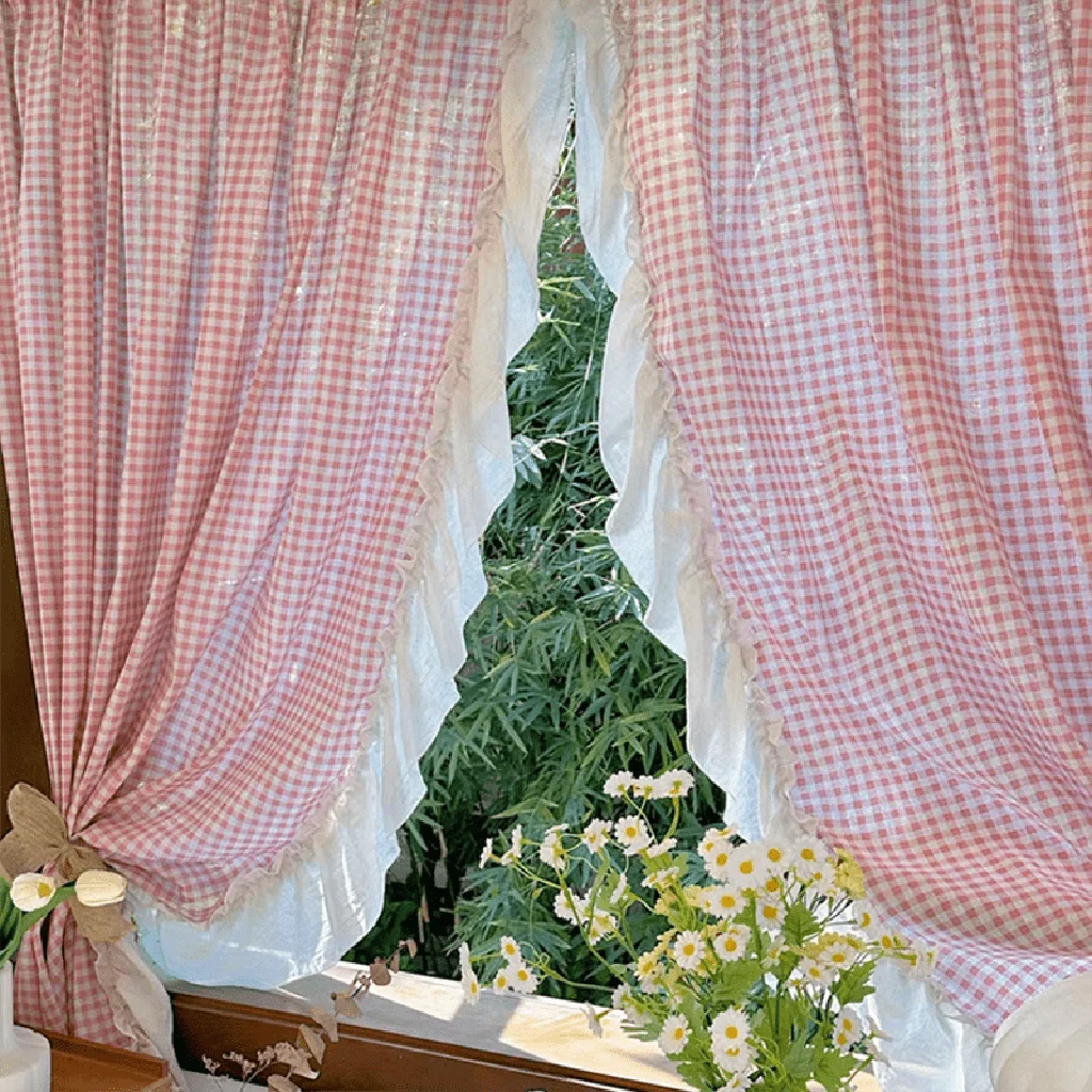 Contemporary Korean Pink Gingham Curtain Secure