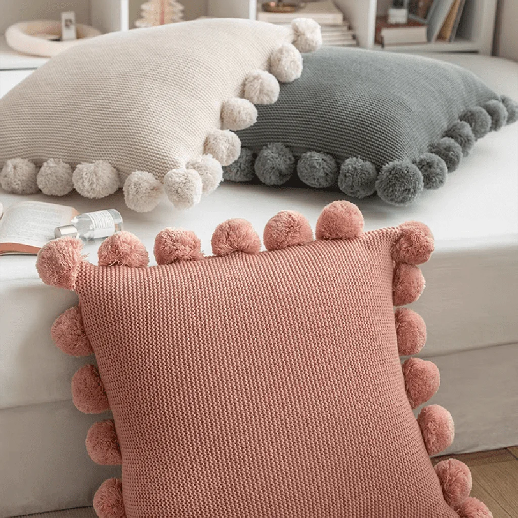 Outstanding Cozy Knit Pom Pom Throw Pillow Artisan