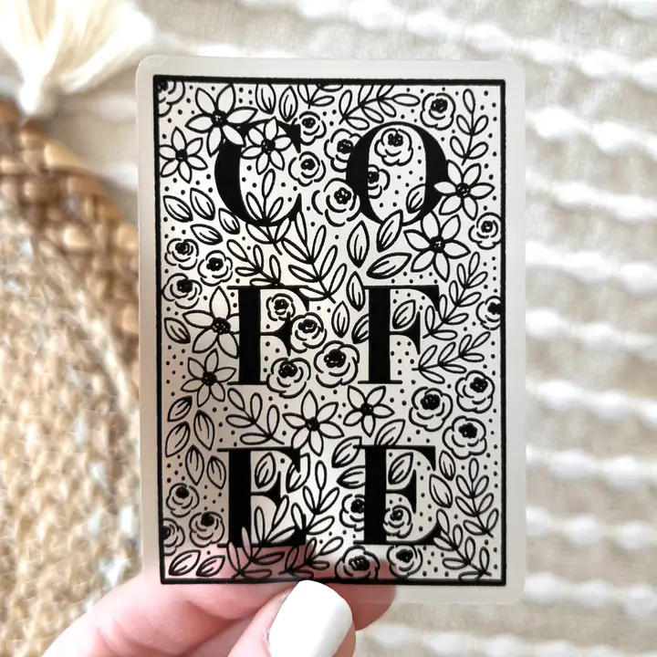 Recyclable Clear Coffee Floral Sticker 3×2 Durable