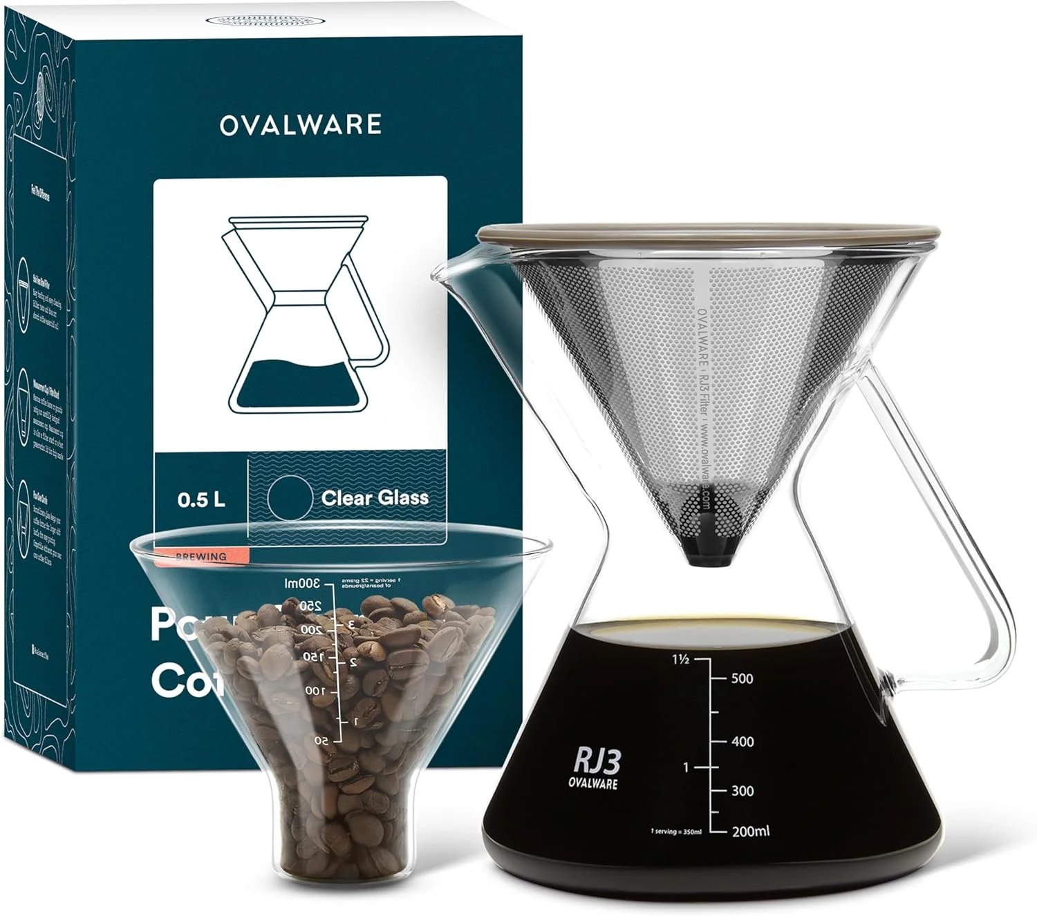 Healthy ovalware Pour Over Coffee Maker Set 17oz 0.5L Borosilicate Carafe with 304 Stainless Steel Filter and Precision Measuring Cup Elite