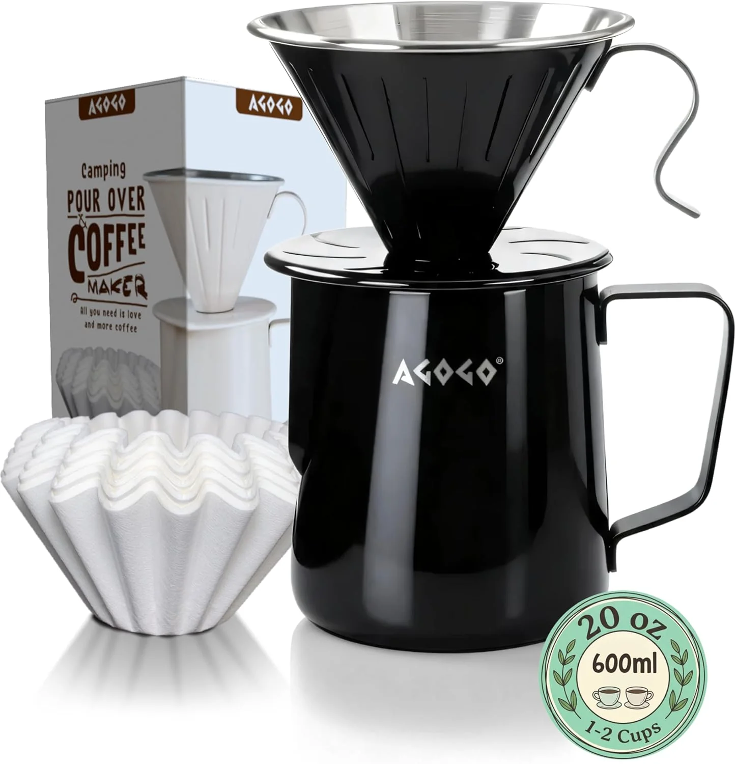 Carefully Designed AGOGO Stainless Pour Over Coffee Maker Set 50 Paper Filters 20oz Black Unbreakable carafe for kitchen RV camp and office includes barista towel lead- food grade 304 stainless steel Breathable
