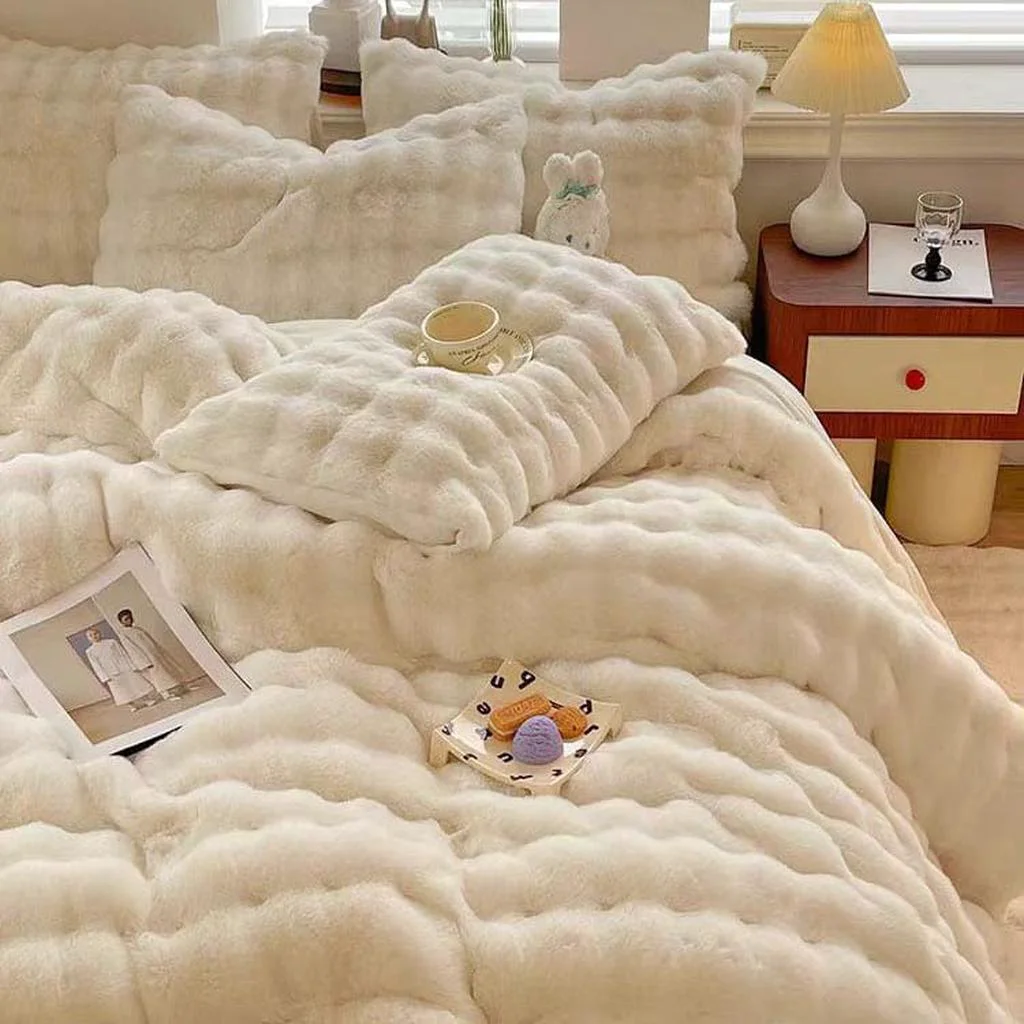 Authentic Soft Faux Rabbit Fur Cream Bedding Set Top-Quality