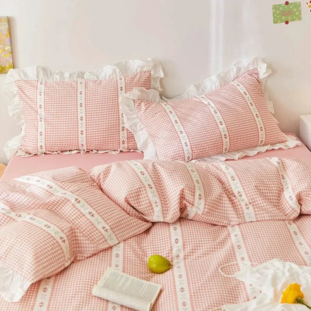 Quality Pink Gingham Ruffle Duvet Cover Set Luxury