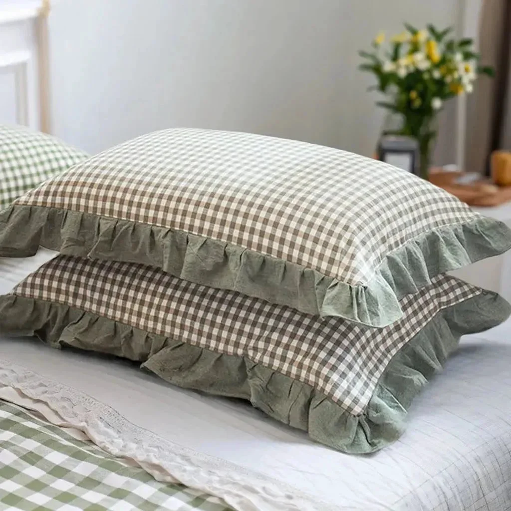 Advanced Rustic Gingham Pillowcase with Ruffle High-End