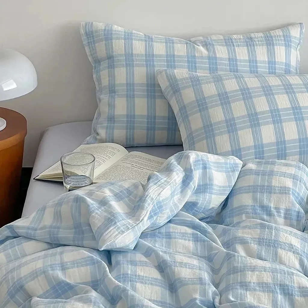 Premium Baby Blue Plaid Bedding Set Certified