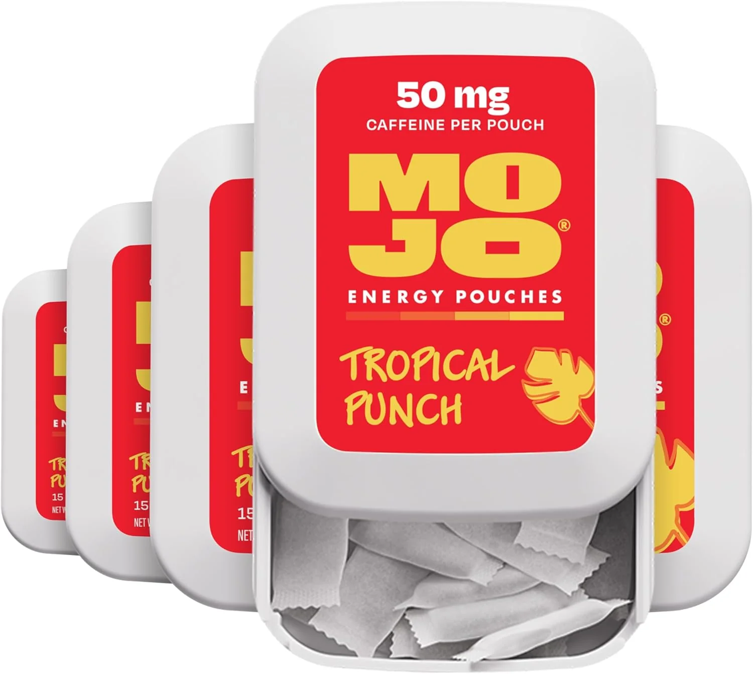 Eco-Friendly Mojo Energy Pouches Tropical Punch Flavor 50 mg per Caffeine Pouch 15 Pouches 5-Pack Sophisticated